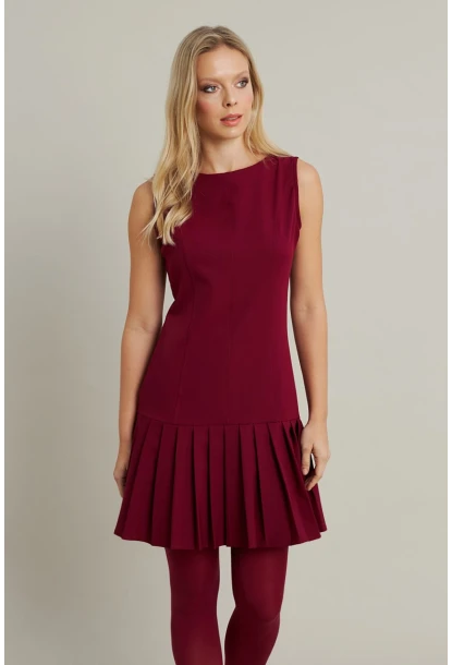 Kadın Bordo Etegi Pileli Mini Elbise FRY2265