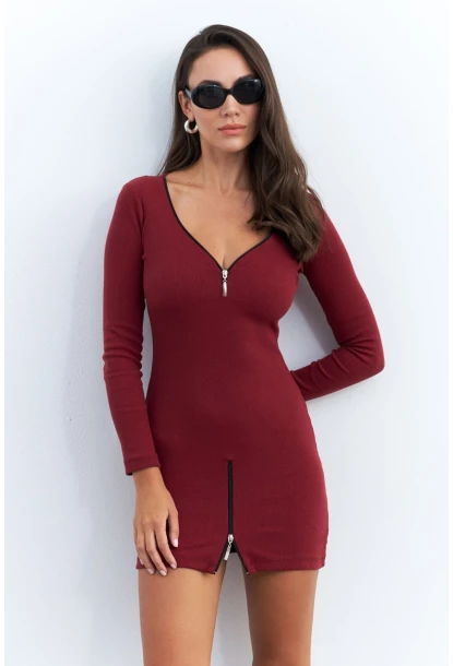 Kadın Bordo Fermuarlı Kaşkorse Mini Elbise EY2530