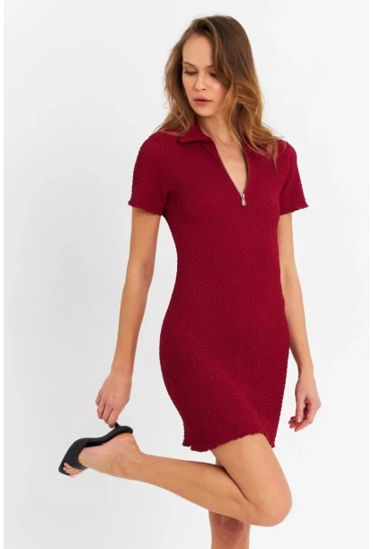 Kadın Bordo Fermuarlı Mini Elbise MOD2441