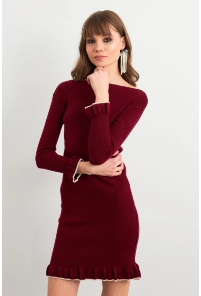 Kadın Bordo Fırfırlı Basic Triko Midi Elbise SF2559