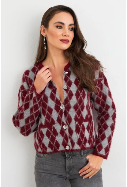 Kadın Bordo-Gri Düğme Detaylı Hırka ELT12022