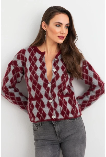 Kadın Bordo-Gri Düğme Detaylı Hırka ELT12022