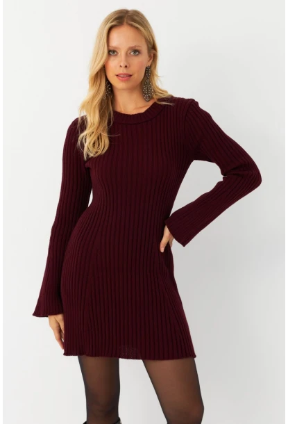 Kadın Bordo İspanyol Kol Triko Mini Elbise YV273