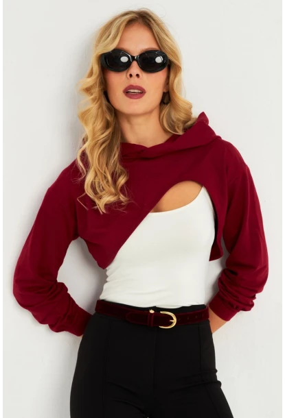 Kadın Bordo Kapüşonlu Crop Sweatshirt  TF03
