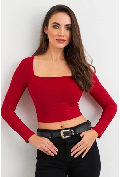 Kadın Bordo Kare Yaka Crop Bluz ELT2586