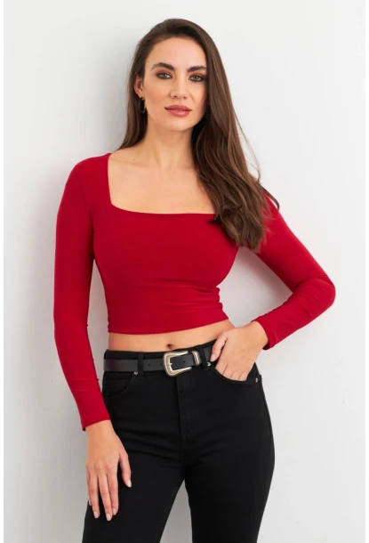 Kadın Bordo Kare Yaka Crop Bluz ELT2586