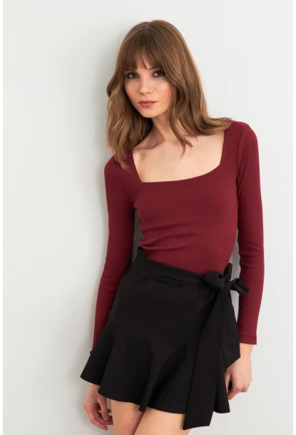 Kadın Bordo Kare Yaka Kaşkorse Bluz GA101