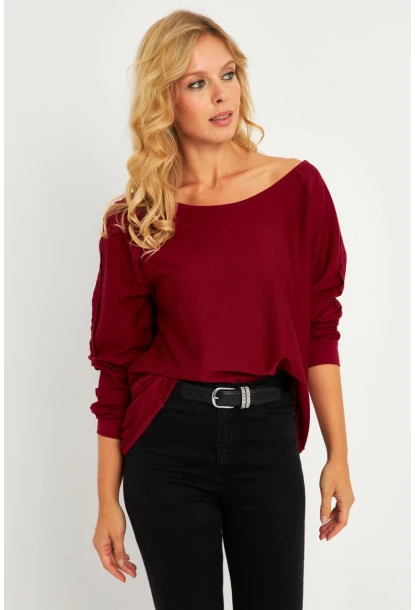 Kadın Bordo Kayık Yaka Ters Dikişli Sweatshirt TF10