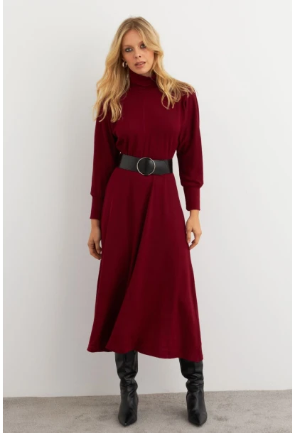 Kadın Bordo Kemerli Balıkçı Yaka Elbise MKSD992