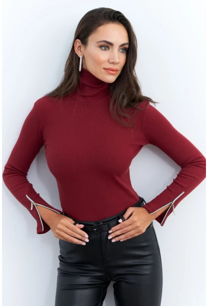 Kadın Bordo Kolları Fermuarlı Kaşkorse Balıkçı Bluz EY2567