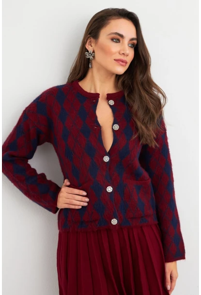 Kadın Bordo-Lacivert Düğme Detaylı Hırka ELT12022