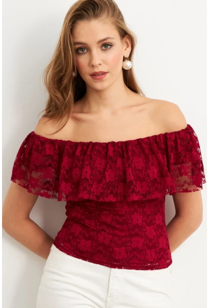 Kadın Bordo Madonna Yaka Dantel Bluz MTK13549