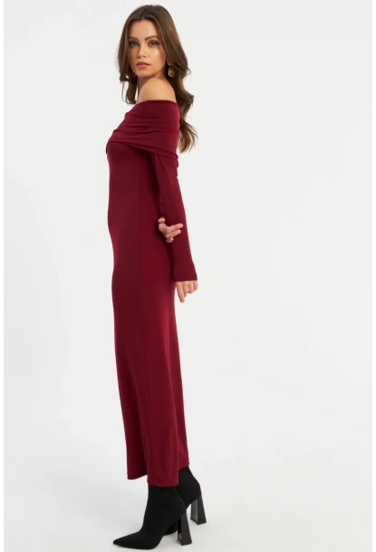 Kadın Bordo Madonna Yaka Maxi Elbise LİK10