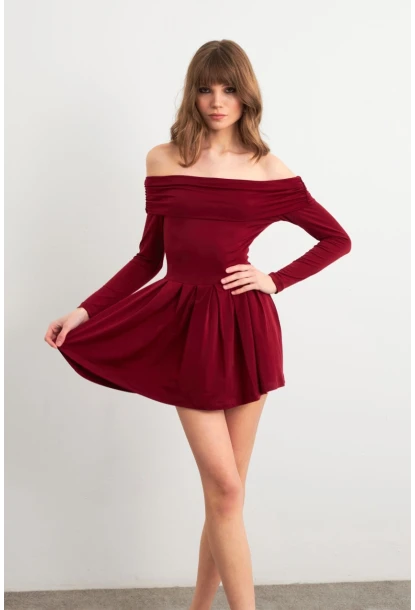 Kadın Bordo Madonna Yaka Midi Elbise MON1262