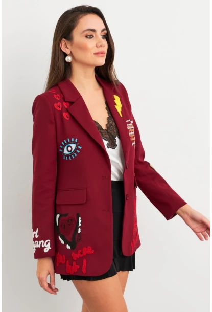 Kadın Bordo Nakışlı Premium Ceket EO100