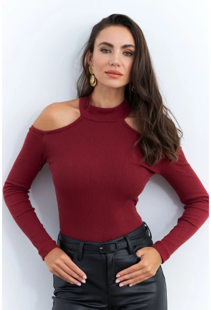 Kadın Bordo Omuzları Açık Kaşkorse Bluz EY2590
