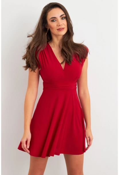 Kadın Bordo Omuzları Vatkalı Kruvaze Mini Elbise ELT3678