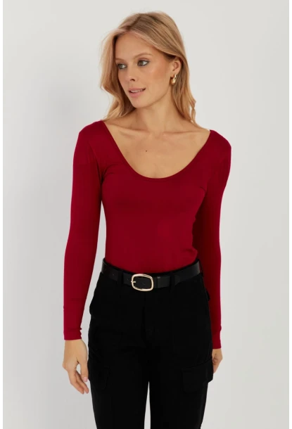 Kadın Bordo Ön Arka U Yaka Bluz LPP1265