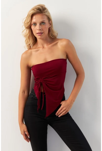 Kadın Bordo Önü Büzgülü Crop Bluz MON138