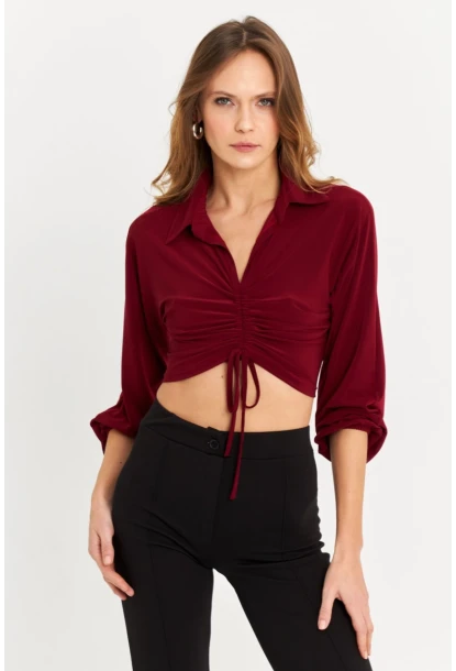 Kadın Bordo Önü Büzgülü Crop Bluz MRS103