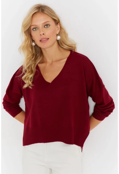 Kadın Bordo Önü Kısa Triko Kazak YİL551