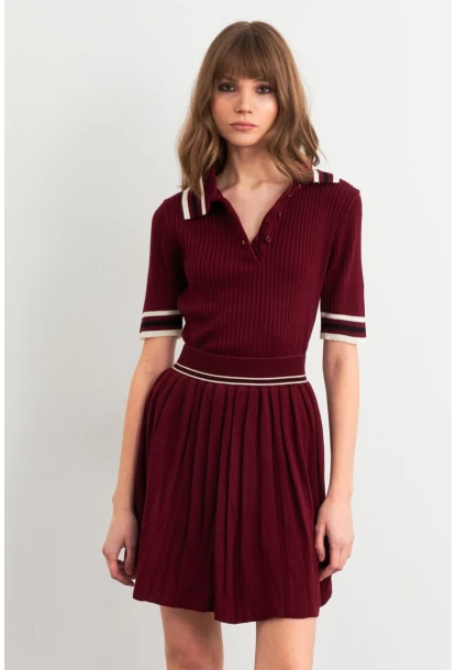 Kadın Bordo Polo Yaka Etekli Takım SF2558