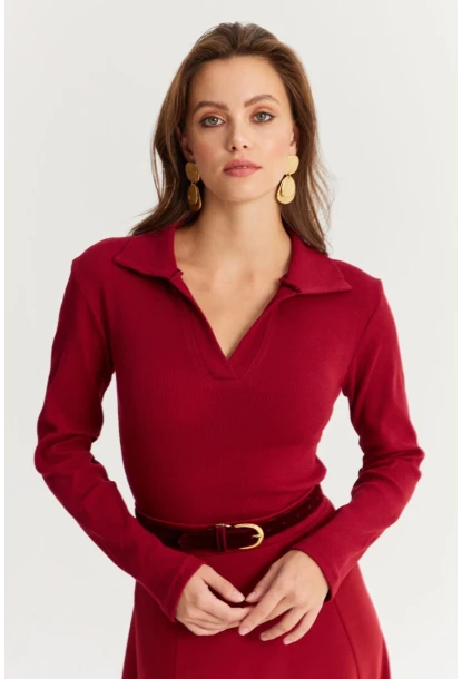 Kadın Bordo Polo Yaka Kaşkorse Bluz LON3006