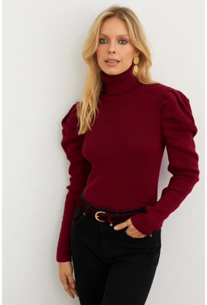 Kadın Bordo Prenses Kol Balıkçı Yaka Triko Bluz SF2555