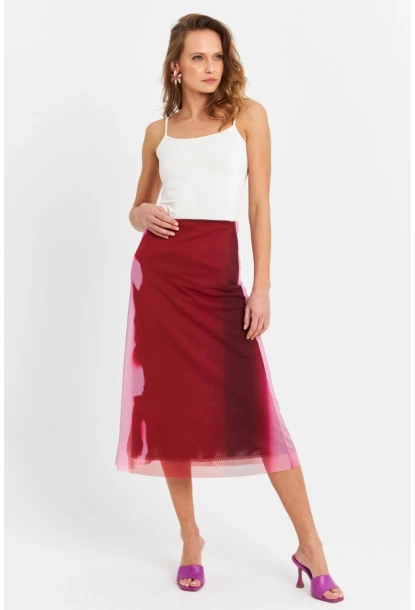 Kadın Bordo-Pudra Kontrast Renkli Tül Etek ZH11