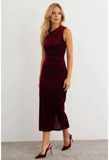 Kadın Bordo Simli Drapeli Maxi Elbise KED4481