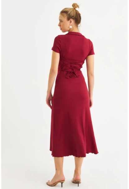 Kadın Bordo Sırt Bağlamalı Kaşkorse Midi Elbise MFRY0001