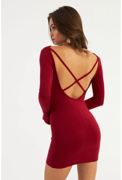 Kadın Bordo Sırt Dekolteli Mini Elbise HOR36