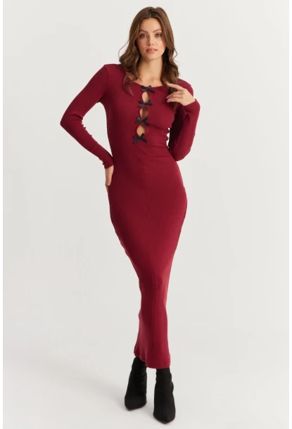 Kadın Bordo-Siyah Kurdele Detaylı Kaşkorse Maxi Yılbaşı Elbise XL2043