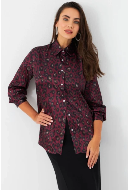 Kadın Bordo-Siyah Leopar Desenli Saten Gömlek MRAD5901-1