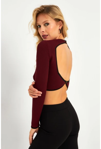 Kadın Bordo-Siyah Sırtı Açık Bluz YV270
