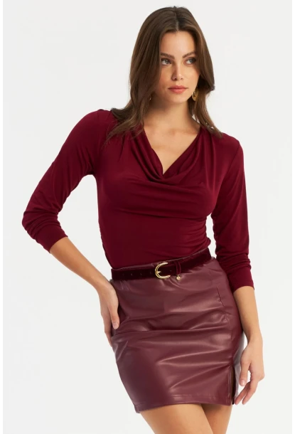 Kadın Bordo Suni Deri Mini Etek FRY2242