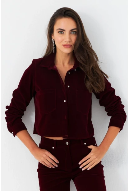 Kadın Bordo Taş Düğmeli Kadife Gömlek Ceket CAR1075