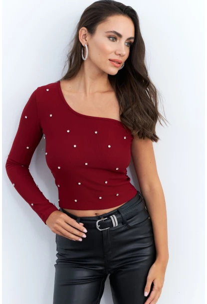 Kadın Bordo Taşlı Tek Kol Crop Bluz HOL2