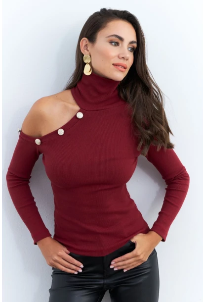 Kadın Bordo Tek Omuz Açık Kaşkorse Balıkçı Bluz EY2947