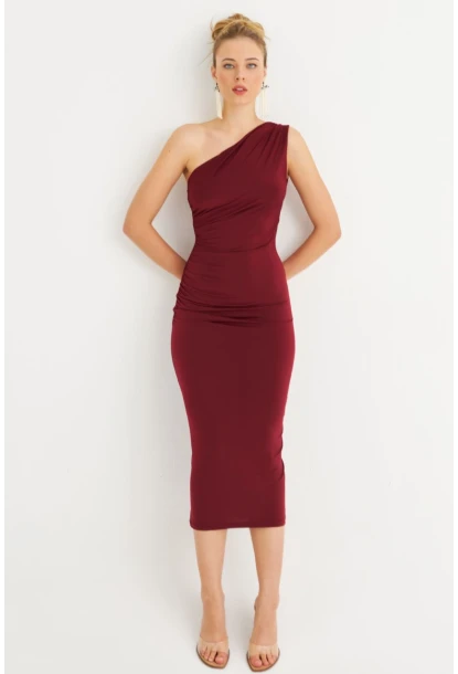 Kadın Bordo Tek Omuz Büzgülü Midi Elbise DMR294-90