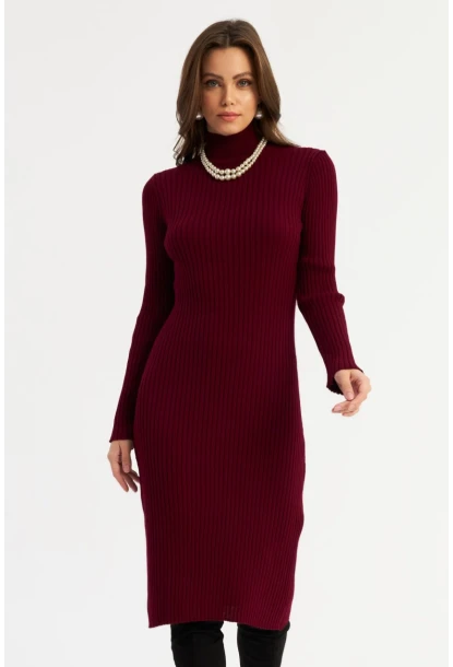 Kadın Bordo Triko Midi Elbise YV303