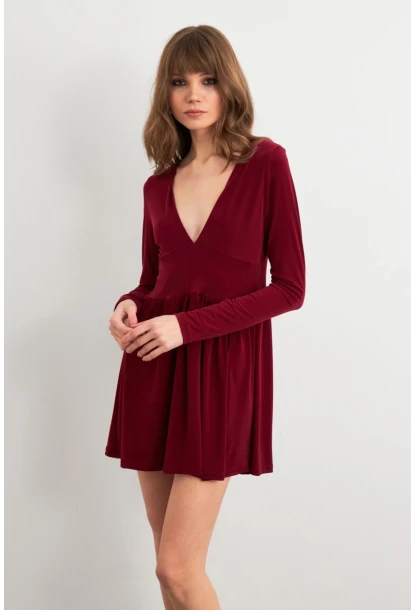Kadın Bordo V Yaka Mini Elbise LİK17