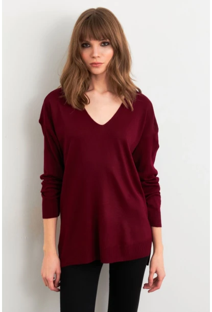 Kadın Bordo V Yaka Triko Kazak YİL549