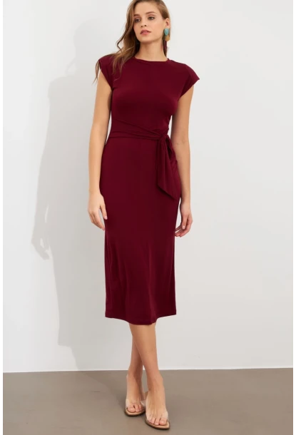 Kadın Bordo Vatkalı Kuşaklı Midi Elbise UG713