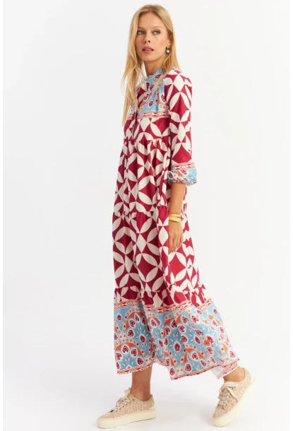 Kadın Bordo Volanlı Desenli Maxi Elbise MYLE14