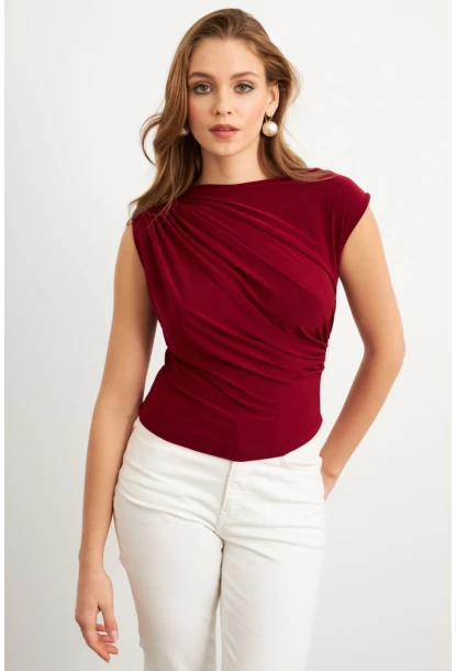 Kadın Bordo Yarım Balıkçı Desenli Bluz LPP1205