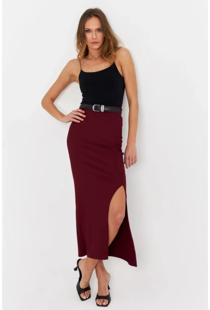 Kadın Bordo Yırtmaçlı Midi Etek MOD1854