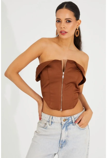 Kadın Bronz Fermuarlı Straplez Crop Bluz SF2502