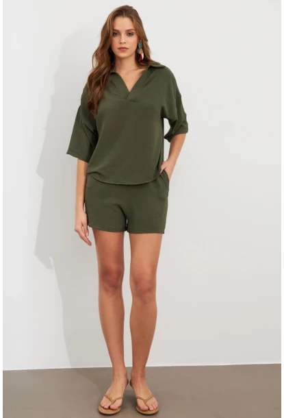 Kadın Çağla Yeşili Aerobin Şort Takım Q1005