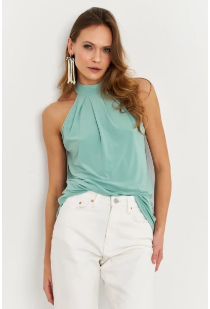 Kadın Çağla Yeşili Halter Yaka Desenli Bluz LPP1273